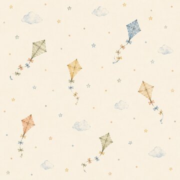 Seamless watercolor kite pattern with clouds and stars on cream background