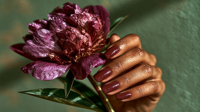 Dark red blooming peony flower held by hand with golden sparkle manicure