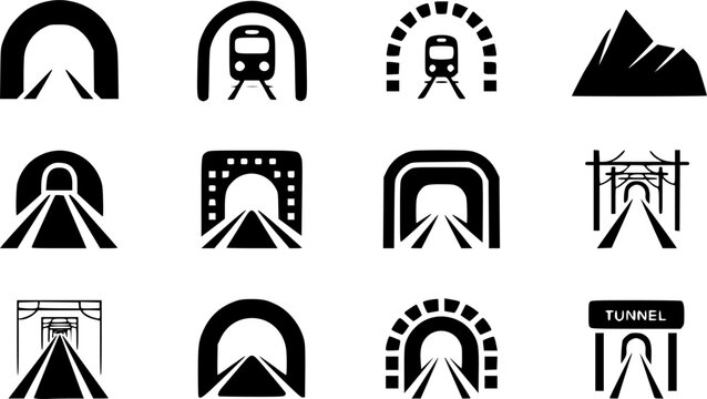 Railway tunnel and transit infrastructure icon set featuring train exiting archway entrance, perspective railway tracks, mountain passage, overhead catenary power lines, and tunnel sign board vector 
