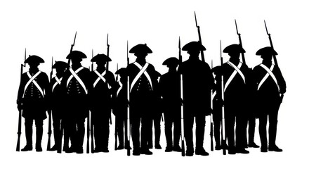 Naklejka premium Silhouette of 18th Century Soldiers in Formation with Muskets, Revolutionary War Style Military Group on White Background