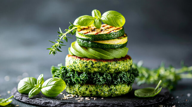 A gourmet vegetarian stack of grilled zucchini, kale patty, and avocado slices garnished with fresh basil and thyme on a dark surface.