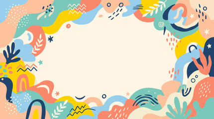 Fototapeta premium Fun abstract background with organic fluid shapes botanical leaves and doodle elements