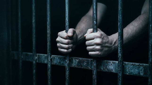 Man's hands grip prison bars in dramatic lighting. Concept for confinement or injustice, isolated on transparent.