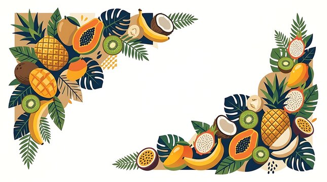 Tropical summer fruit border with pineapple and monstera leaves