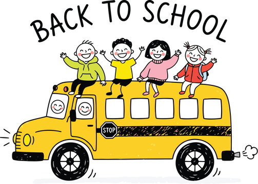 Four happy kids waving on yellow school bus back to school