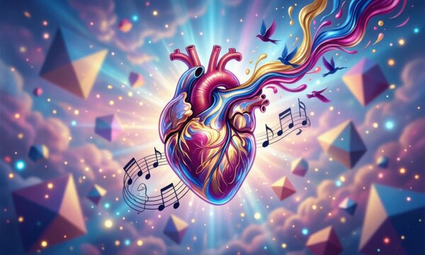 Human heart anatomy illustration with glowing energy and cosmic background. 3D medical organ concept showing life force and vitality in vibrant fut...