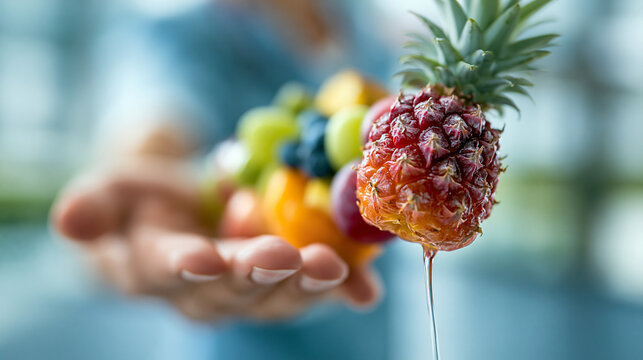 Fresh juicy pineapple and assorted fruits held in hand with pineapple