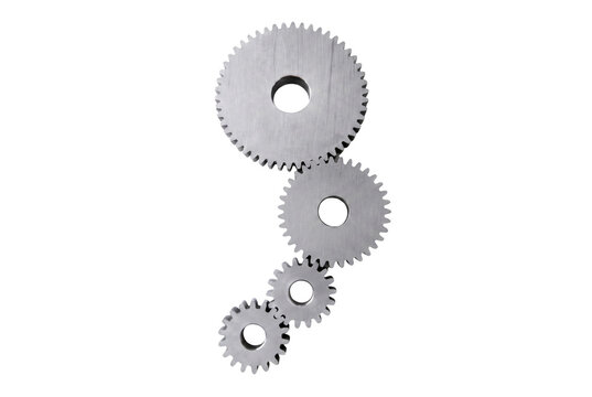 Four Interlocking Silver Metal Gears in Vertical Alignment