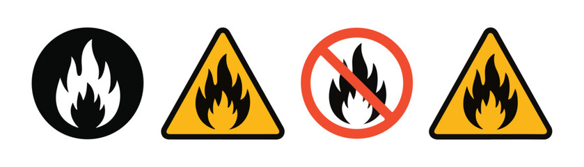 Naklejka premium Set of black fire flame icon, triangle warning sign, no fire sign and red hazard symbol.