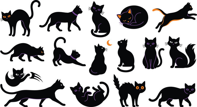 Halloween black cats in various poses and expressions for spooky designs