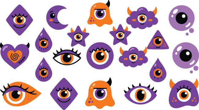 Whimsical purple and orange cartoon eyes for Halloween decorations and designs