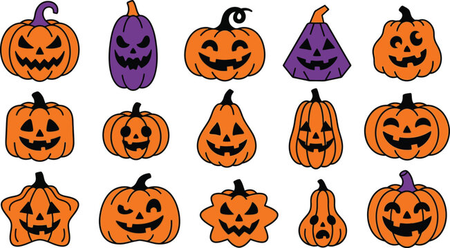 Halloween jack-o-lanterns in various shapes and expressions on white background