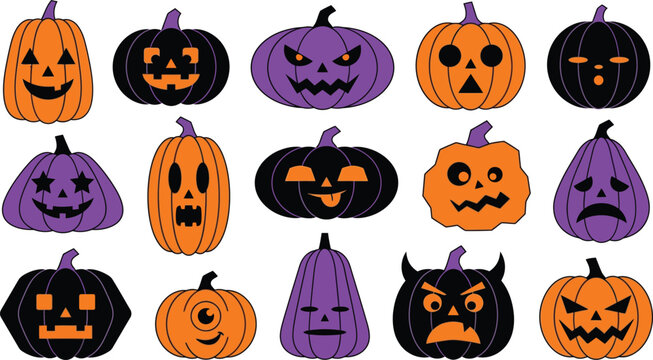 Halloween pumpkins with various spooky faces in orange, purple, and black