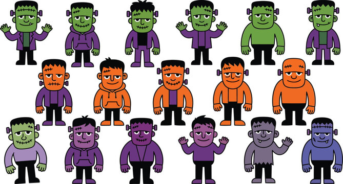 Colorful cartoon Frankenstein's monster characters for Halloween