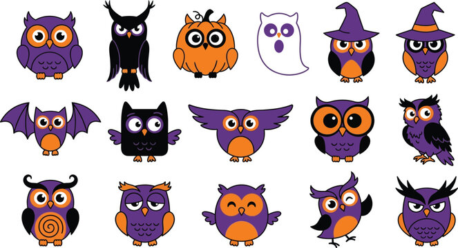 Whimsical Halloween-themed illustrations of cartoon owls and bats in various poses and costumes