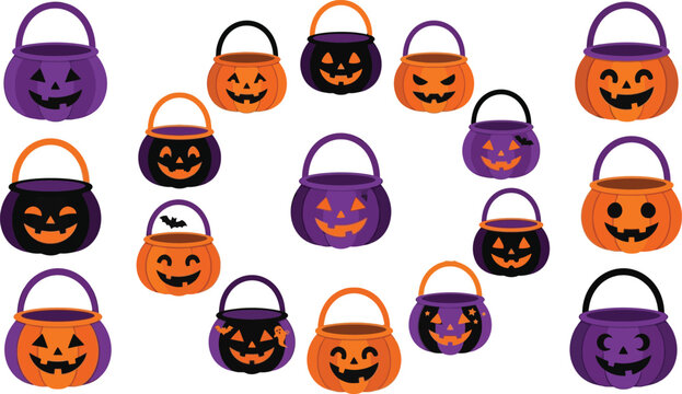Halloween trick or treat candy buckets for kids in orange purple black