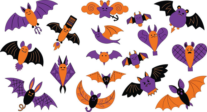 Halloween bats in orange, purple, and black flying together in a spooky yet cute illustration