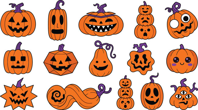 Halloween pumpkins with various spooky faces on white background