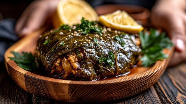 Stuffed grape leaves dolma served on a wooden plate with lemon wedges