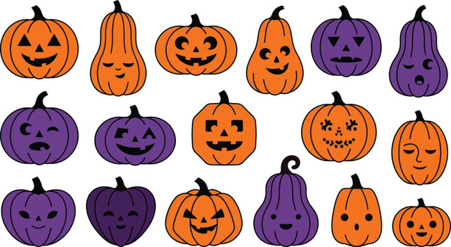 Halloween pumpkins and gourds with festive faces in orange and purple