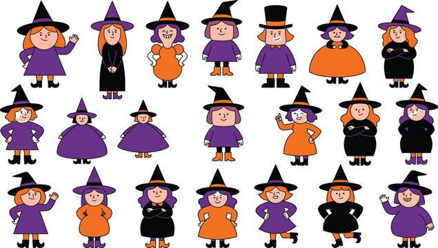 Halloween witches in various poses and outfits on white background