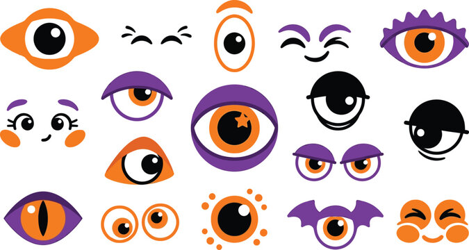 Halloween eyes in purple orange and black colors for spooky designs