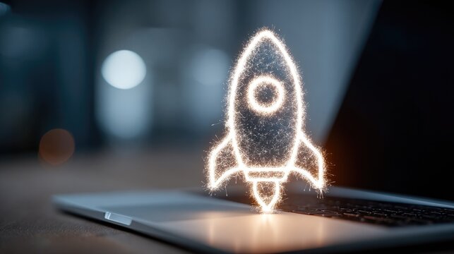 Successful entrepreneur working laptop luxury office holographic rocket icon startup launch business growth achievement motivation concept