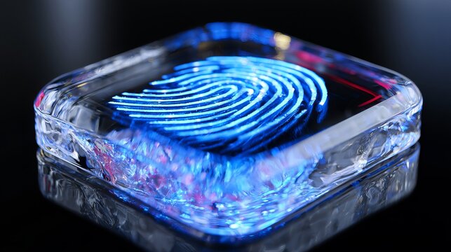 Futuristic fingerprint scanner, transparent crystal glass, glowing blue biometric scan lines, and premium security technology.