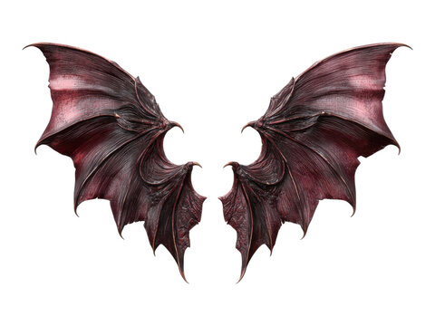Large dark red demonic bat wings spread out isolated on grey transparent background.
