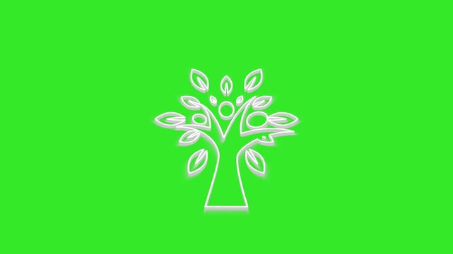 Abstract white animated tree with green leaves growing on chroma key background motion footage clip