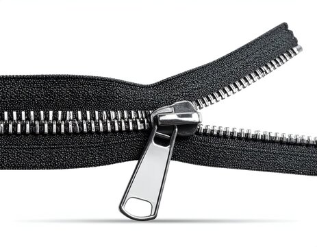 Metal zipper fastener with black fabric tape isolated on a clean white background