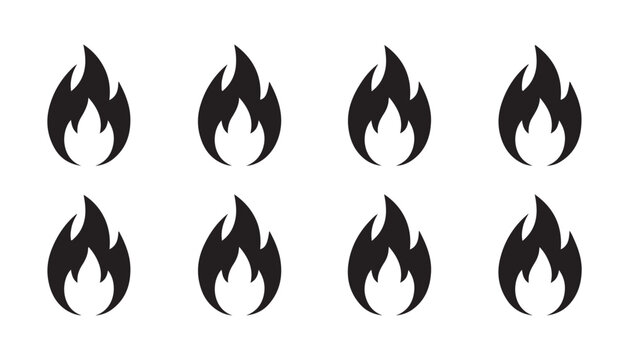 Minimalist fire icons set of black flame shapes isolated on transparent background for logo design.