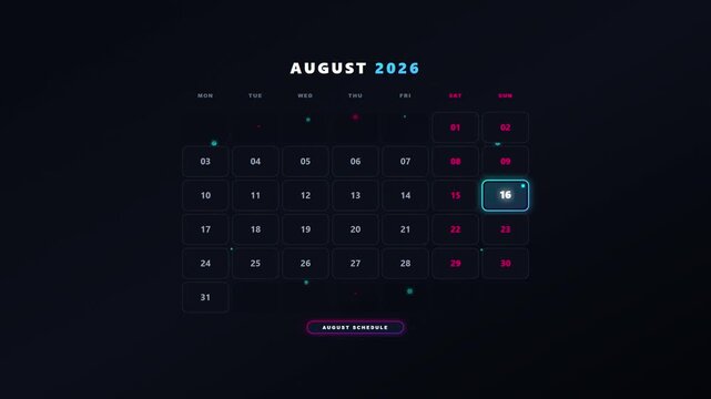 Futuristic digital calendar interface for august 2026 showing dates