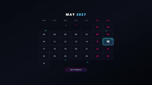 Animated digital calendar for may 2027 with neon ui elements