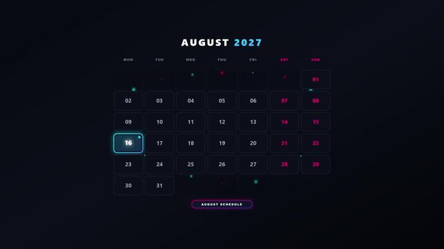 Futuristic digital calendar for august 2027 with animated selector