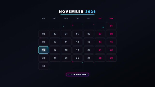 Animated digital calendar showing november 2026 dates selection