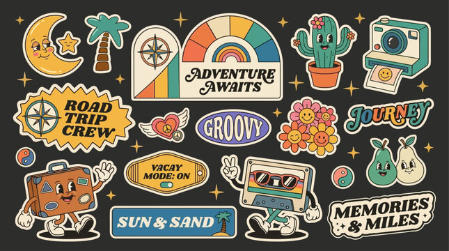 Retro Adventure Travel Themed Vector Sticker Set Collection Featuring Fun Groovy Elements and Nostalgic Vacation Symbols for Scrapbooking Designs new (1164)