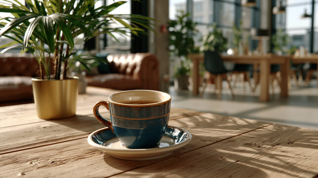 Ceramic coffee cup on a wooden table in a modern cafe with breakfast