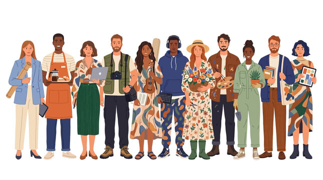 Diverse group of young professionals and hobbyists vector illustration featuring multicultural people with various career tools and everyday items