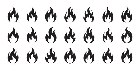 Obraz premium Grid of various black flame icons representing fire on transparent background design.