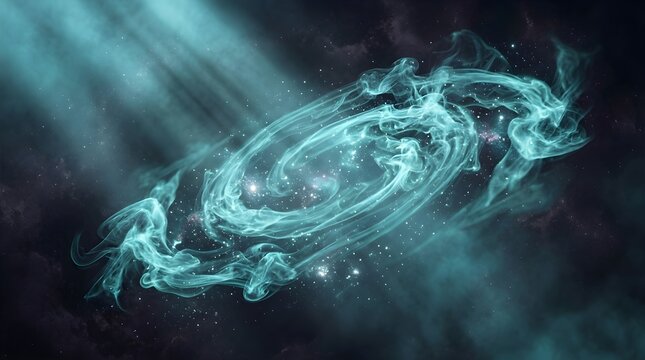 Abstract glowing teal spiral galaxy nebula in deep space cosmic background with astronomy universe abstract background celestial mysterious ethereal particle infinite expansion