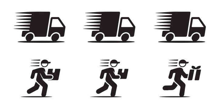 Set of delivery truck and courier icons representing speed and quick service.