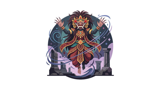 Floating Rangda demon with magical energy smoke effects.