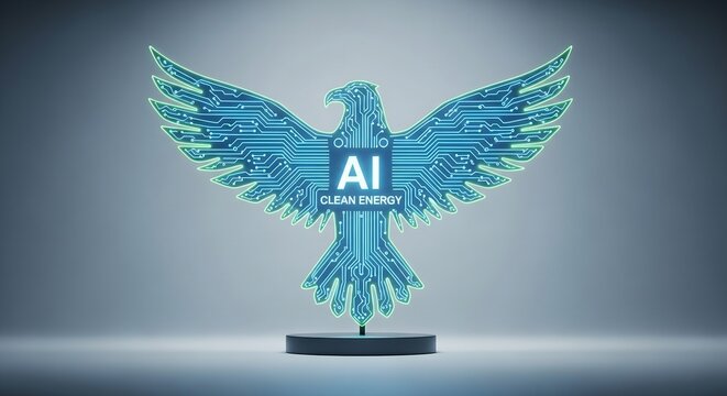 Futuristic eagle circuit board graphic representing artificial intelligence and clean energy