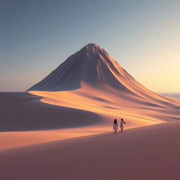 Two women walking towards a large sand dune at sunset