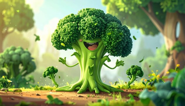 Cute Happy Cartoon Broccoli Tree Character in a Sunny Fantasy Forest Field, Healthy Food Mascot Illustration