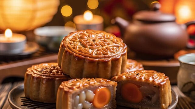 A stack of traditional mooncakes sits on a wooden table beside a vintage teapot and glowing wax candles to celebrate the festive harvest season with family during this joyous annual lunar