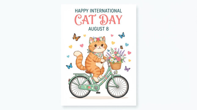 Happy International Cat Day greeting card, cute ginger cat riding a bicycle with flowers, August 8 holiday celebration vector illustration