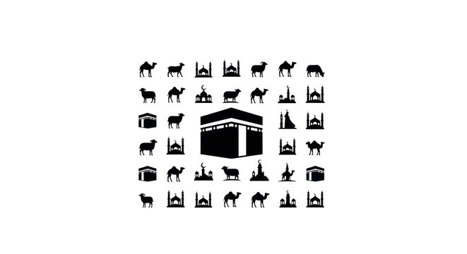 Islamic Hajj pilgrimage vector icons set with Kaaba and animals