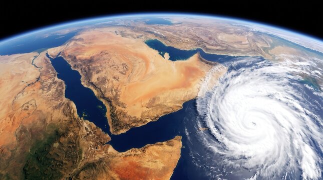 Satellite view of Earth showing Middle East and Arabian Peninsula with massive swirling hurricane storm for climate change and weather monitoring